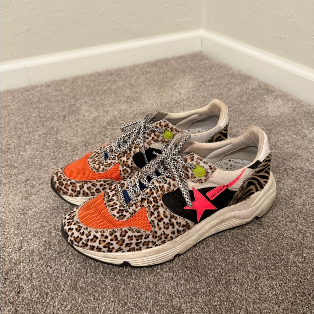Golden Goose Leopard Print Running Sneakers with Neon Pink Star